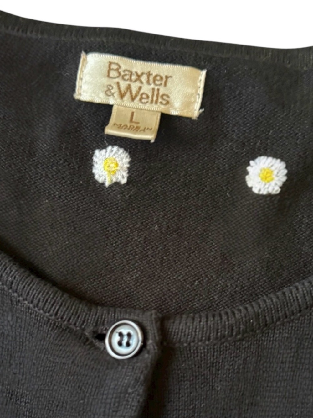 Y2K Baxter & Wells Black Daisy Embroidered Cottagecore 100% Cotton Cardigan L - Picture 3 of 6